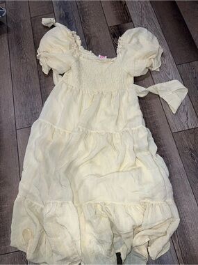 Pink Lily Girls Cream Puff-Sleeve Tiered Dress in Pale Yellow